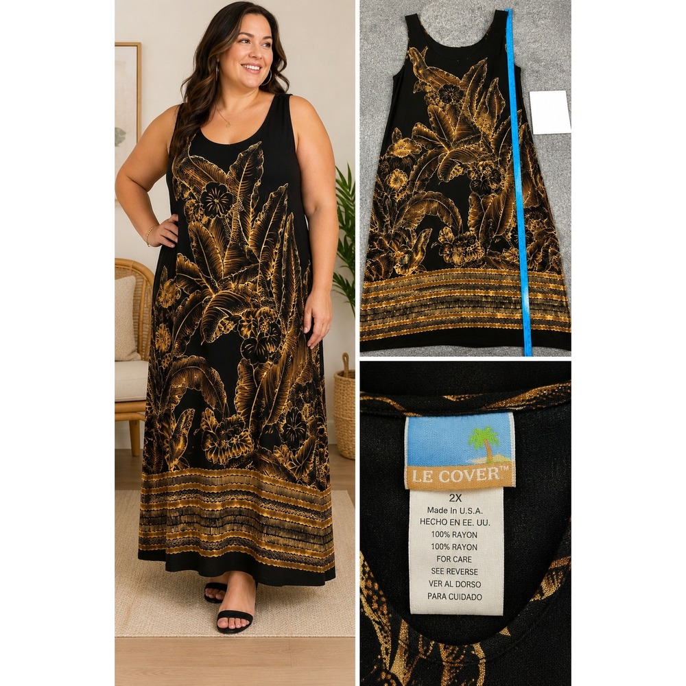 Le Cove Womens 2X Black Gold Tropical Palm Floral Rayon Sleeveless Maxi Dress